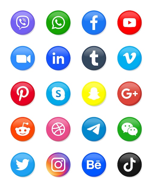 Round social media icons or network platforms logos in different buttons