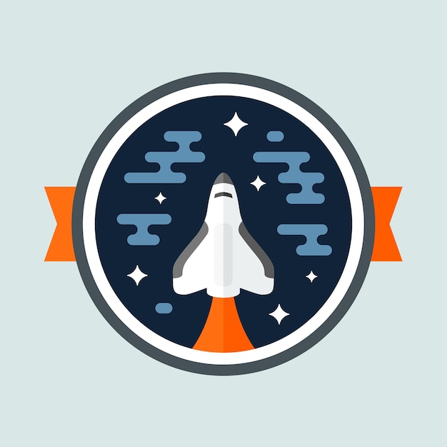 Round space scene badge with shuttle rocket