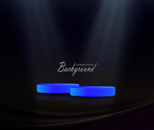 Round stage in blue a bright beam of light on a black design