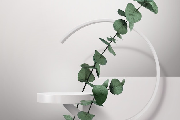 Round stage with plant on white background 3d illustration of product display stage with geometric frame