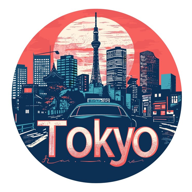 Vector 東京の都市風景が描かれた丸いステッカー
