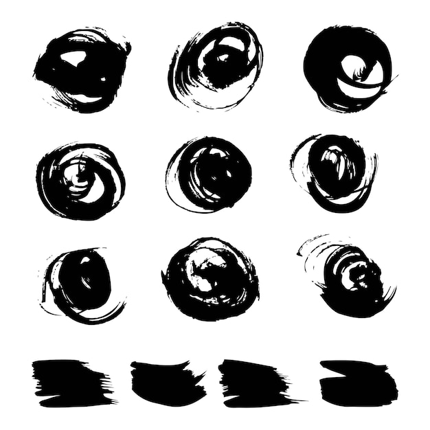 Round and straight textured abstract brushstrokes black isolated on white background