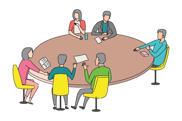 Round table business discussion between coworker flat design illustration