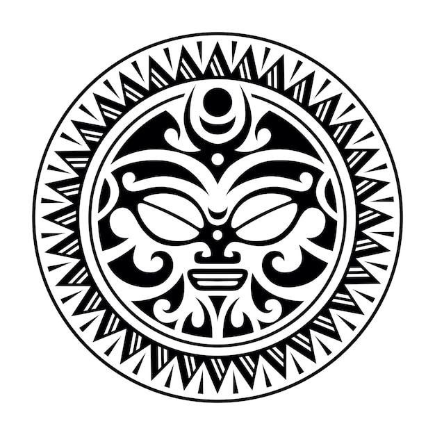 Round tattoo ornament with sun face maori style African aztecs or mayan ethnic mask Black and white