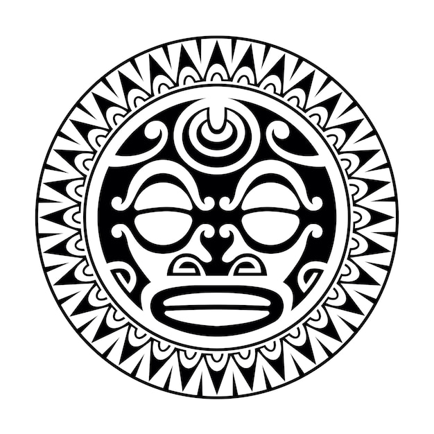 Round tattoo ornament with sun face maori style African aztecs or mayan ethnic mask Black and white