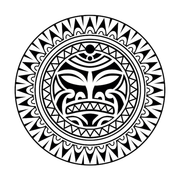 Round tattoo ornament with sun face maori style African aztecs or mayan ethnic mask Black and white