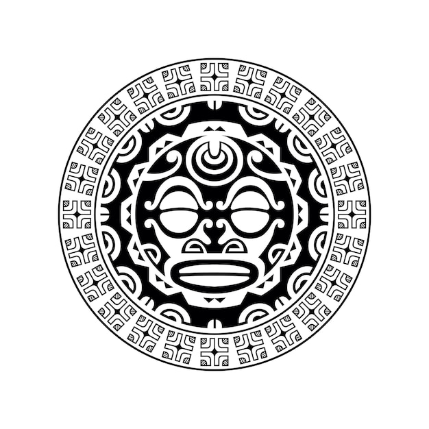 Vector round tattoo ornament with sun face maori style african aztecs or mayan ethnic mask