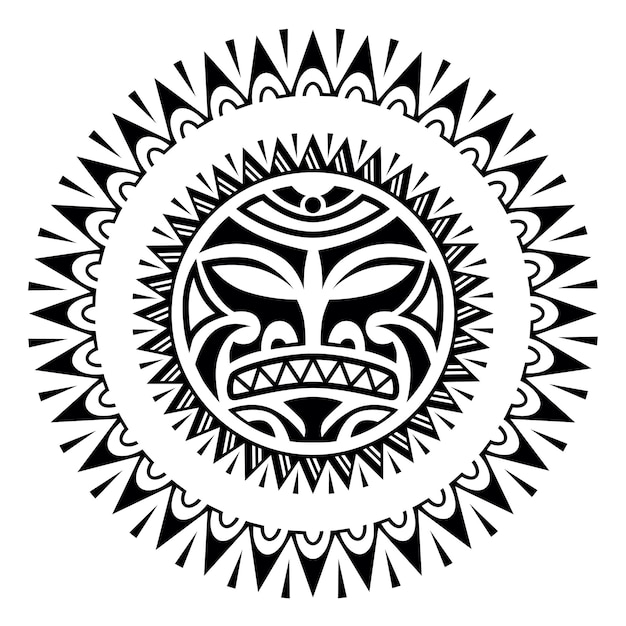 벡터 태양 얼굴 마오리 스타일의 둥근 문신 장식 아프리카 아즈텍 또는 마야 민족 마스크 흑백