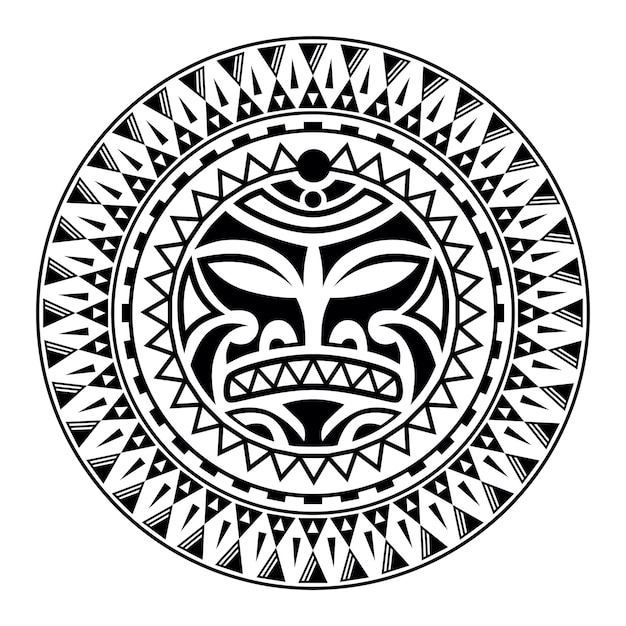 Вектор Круглый татуировочный орнамент с солнечным лицом в стиле маори африканские ацтеки или этническая маска майя