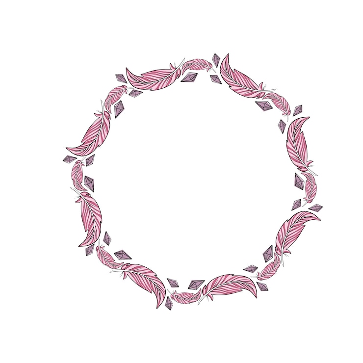 Vector round text frames in boho style with beads pendants feathers and crystals vintage template wreath round frame