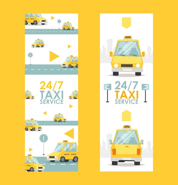 벡터 24 시간 택시 서비스 배너, 일러스트 빠르고 안정적인 택시 회사 광고.