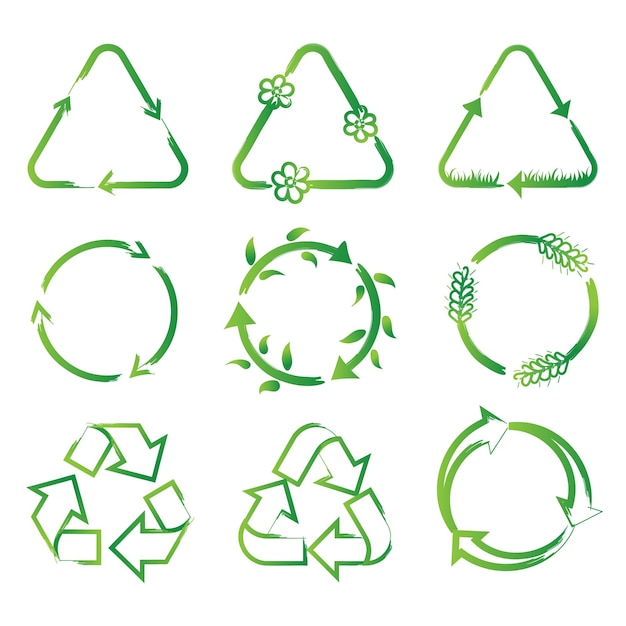 Vector round and triangular green arrows recycling set of recycling icons a creative hand drawn logo