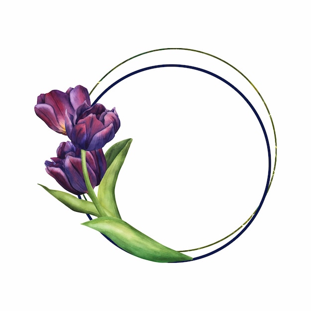 보라색 립과 함께 둥근 터 프레임 보라색꽃의 봄 꽃줄기 수채화 일러스트 초대 인사 카드 및 디자인을위한 꽃 클립 아트