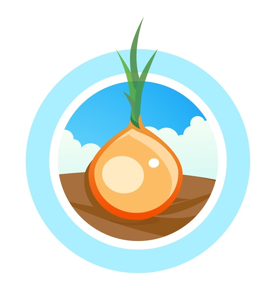 Round vector logo for onion tradeing colorful symbol with vegetable on field