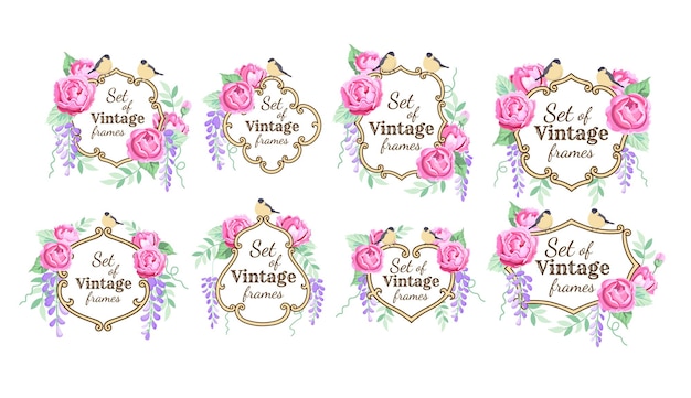 Vector round vintage frame consists of curls and monograms with peonies wisteria and birds