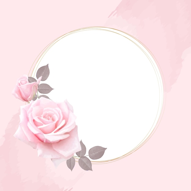Round watercolor flower frame in gold with pink rose flowers