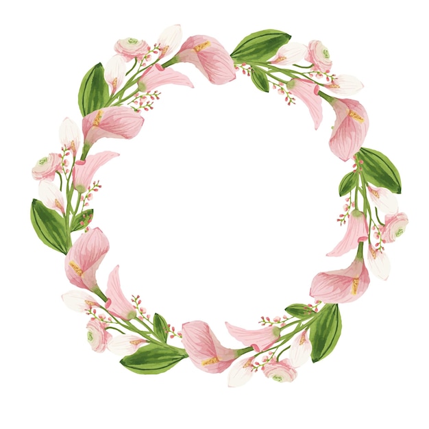 Round watercolor wreath with light pink and flowers