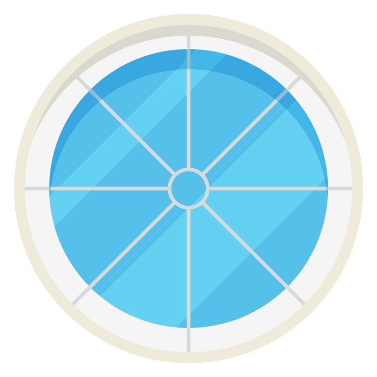 Vector round window frame with clean glass cartoon exterior element isolated on white background