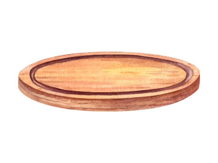 Vector round wooden cutting board empty pizza wood plate kitchen utensil texture high quality tableware in isometric watercolor illustration for cooking design restaurant menu