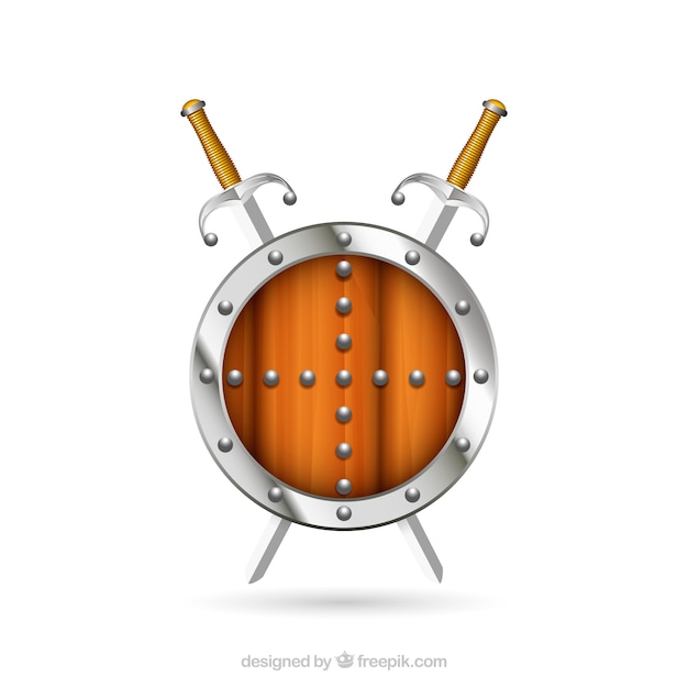 round wooden shield with swords