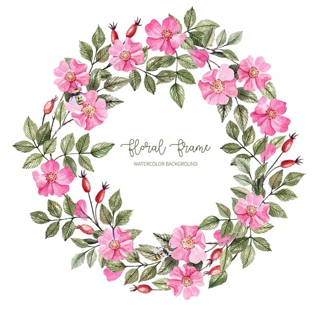 Round wreath of flowers, berries and rosehip branches hand-painted in watercolor and isolated on a w