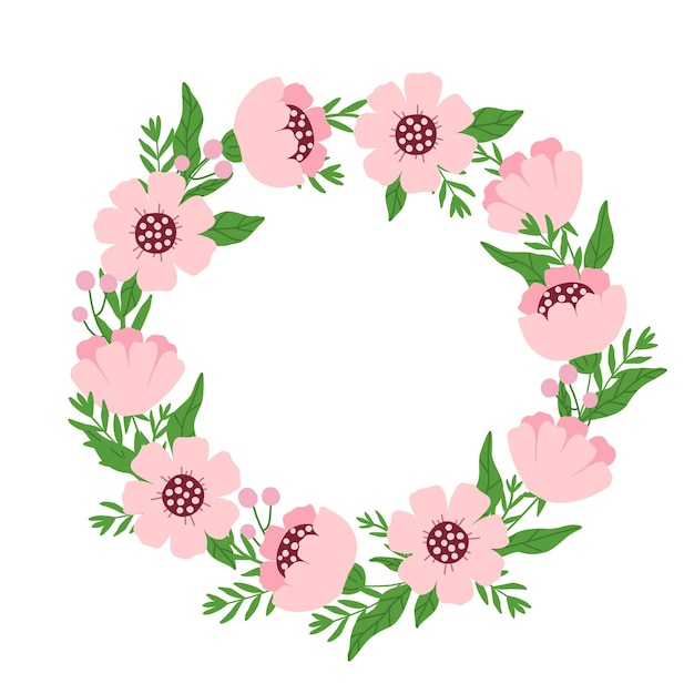 Vector round wreath of pink flowers spring frame in pastel colors
