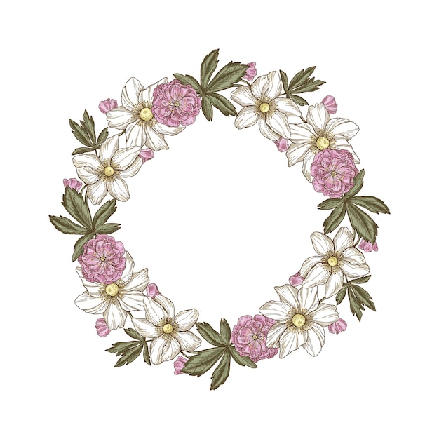 Round wreath with anemones and roses