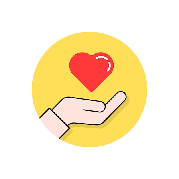 Round yellow charity logo with heart in hand cartoon flat trend modern simple compassion logotype graphic art design isolated on white concept of donor woman or man arms and crowdfunding for poverty