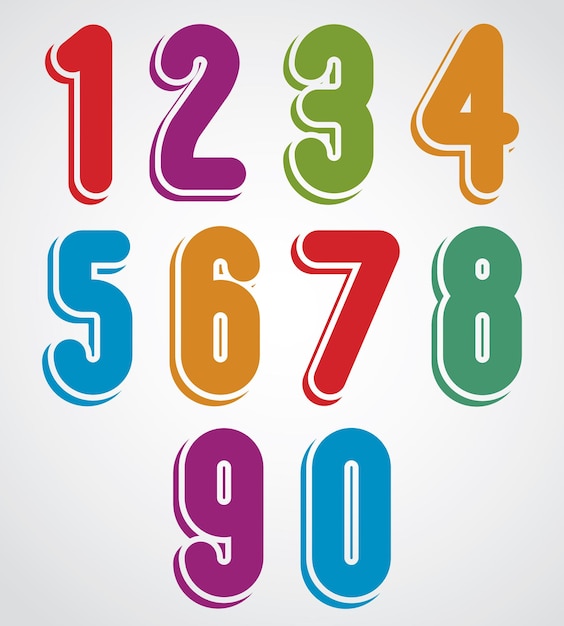 Rounded cartoon colorful jolly numbers with white outline.