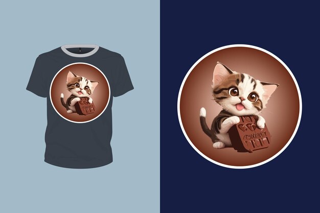 rounded cute cat illustration with a chocolate for t shirt design editable vector file