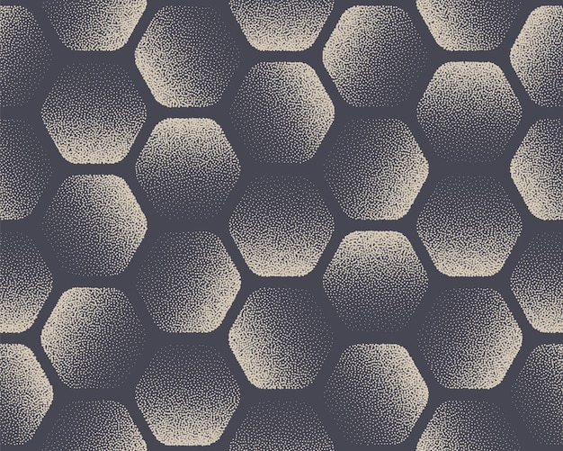 Rounded Hexagons Stippled Seamless Pattern Graphic Vector Abstract Background. Dotted Hexagon Tileable Geometric Texture Repetitive Hexagonal Wallpaper. Halftone Retro Colors Gradient Art Illustration