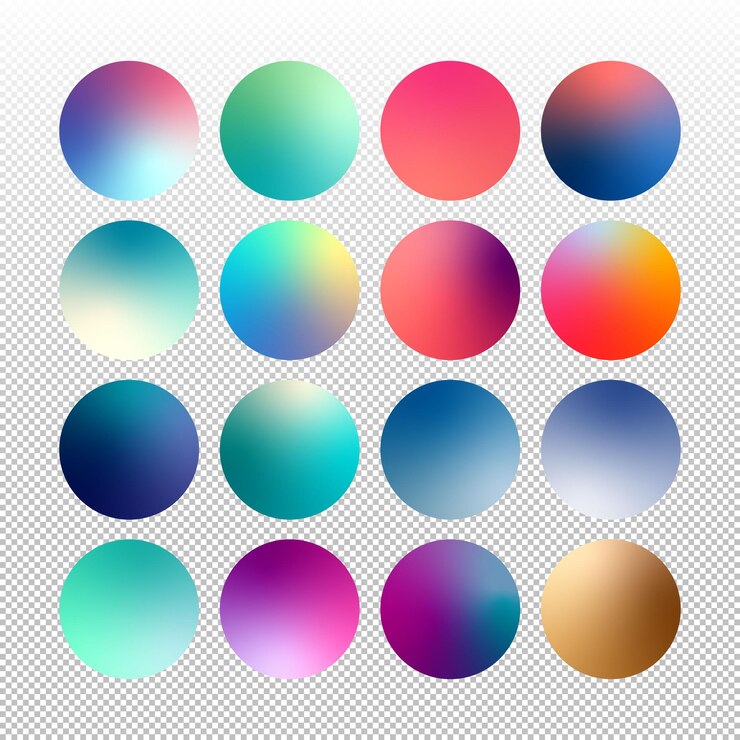 Vector rounded holographic gradient sphere button multicolor green purple yellow orange pink cyan fluid circle gradients colorful soft round buttons or vivid color spheres flat vector set
