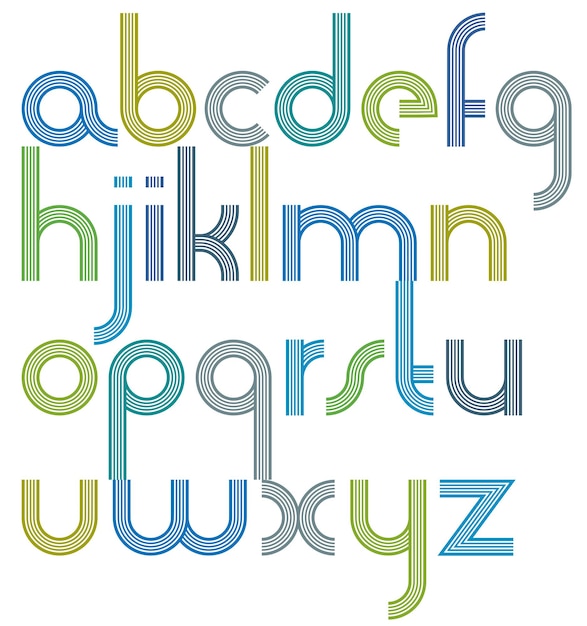 Vector rounded light joyful parallel cartoon lowercase letters, striped colorful font on white background.