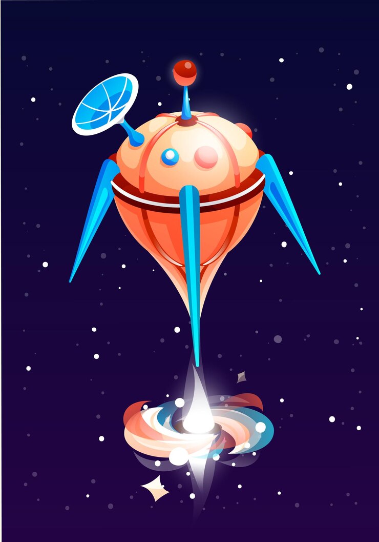 Vector rounded orange rocket with satellite flies into outer space traveling through the galaxy