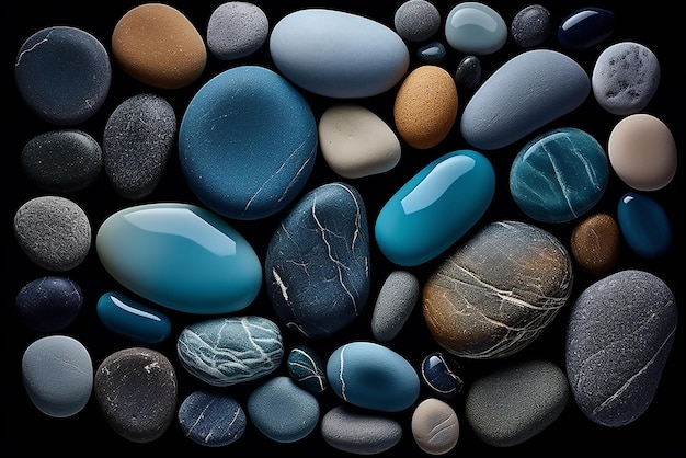 Ciottoli arrotondati in sfumature di blu vicino alla spiaggia ciottoli di diverse forme e colori su una spiaggia