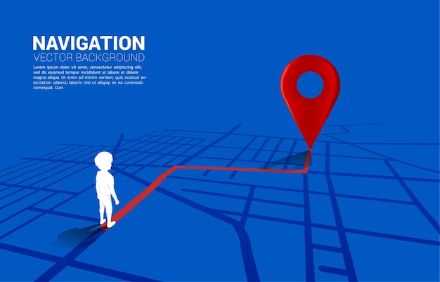 Vector route between 3d location pin markers and boy on city road map. illustration for gps navigation system infographic.