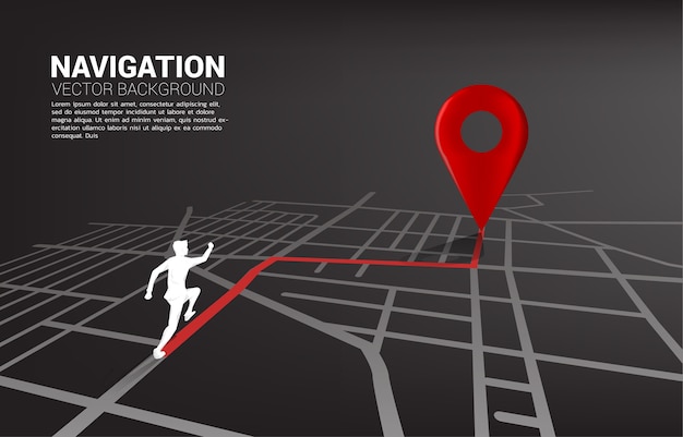 Percorso tra gli indicatori di posizione 3d e l'uomo d'affari sulla mappa stradale della città. concetto per la navigazione gps.