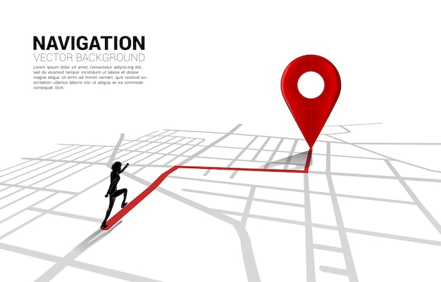 Route between 3D location pin markers and businessman on city road map. Concept for GPS navigation.