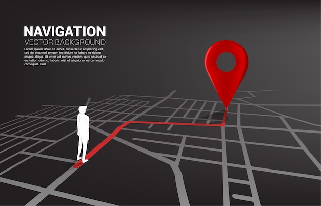市内の道路地図上の3Dロケーションピンマーカーとビジネスマン間のルート