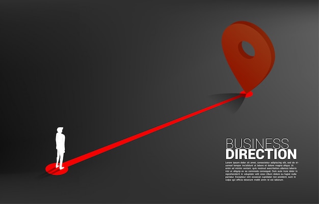 3dロケーションピンマーカーとビジネスマンの間のルート。場所とビジネスの方向性の概念。