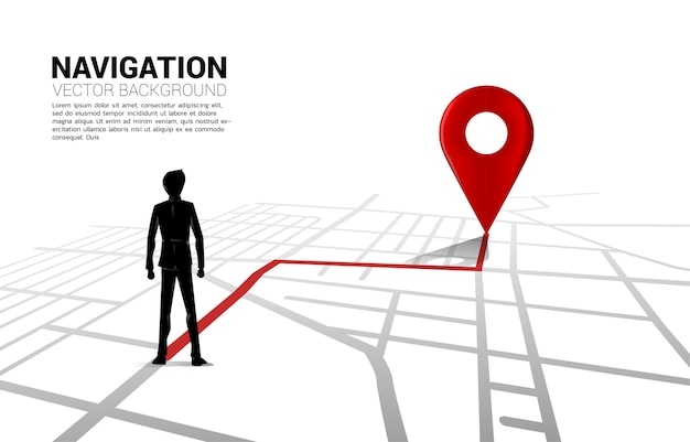 都市道路地図上の3dロケーションピンマーカーとビジネスマンの間をルーティングします。