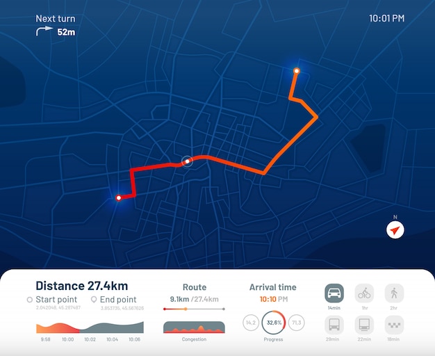 경로 대시 보드. 도시 거리지도 탐색, 마을 달리기 경로 및 Gps 추적지도 앱 평면 그림