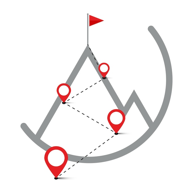 Vector route on hill with navigation pins, flag on top mountain