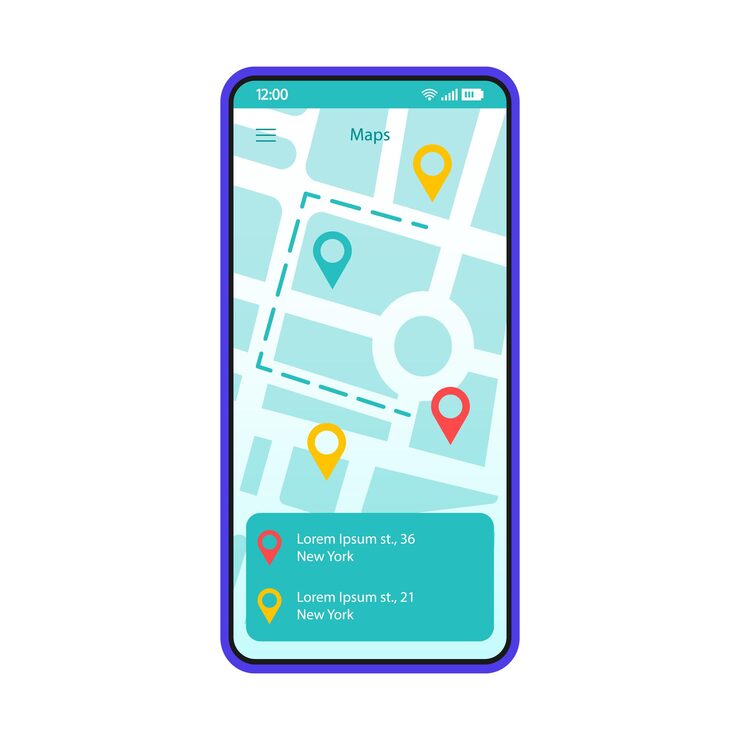 Vector route searching app interface vector template. mobile application page black design layout. gps navigation screen. flat ui application. choosing destination. phone display with digital map, pinpoints