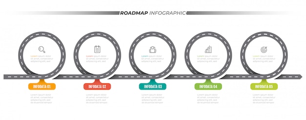 Routekaart infographic sjabloon. tijdlijn met 5 stappen, opties. bedrijfsconceptontwerpetiket en pictogrammen.