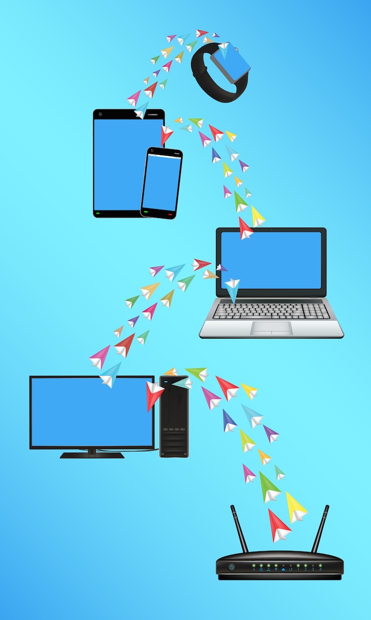 वेक्टर router computer laptop smartphone transferring data