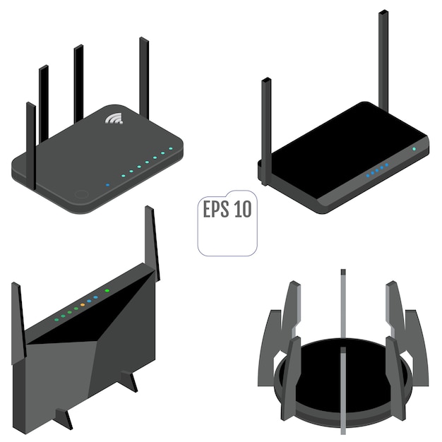 Router isometric icons set. Set of wifi router icons for web design. Isolated