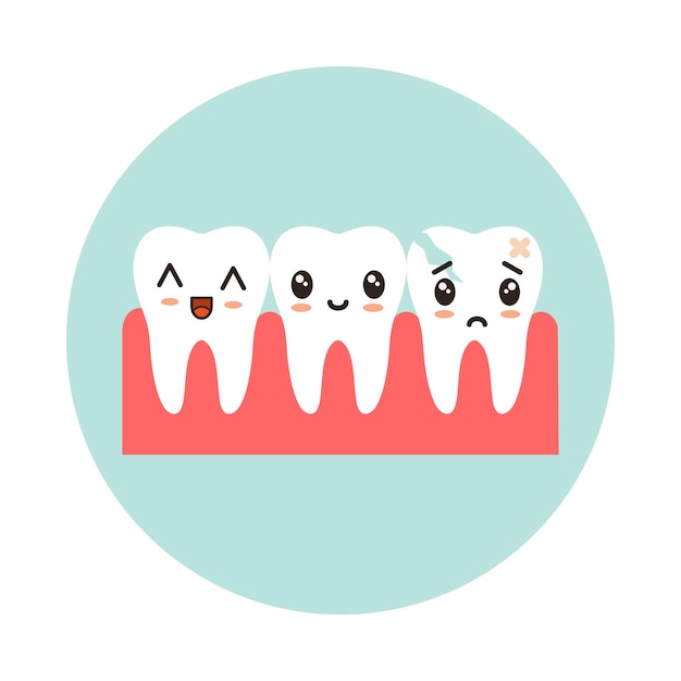 Vector row of healthy teeth and a cracked tooth kawaii emotion flat vector illustration