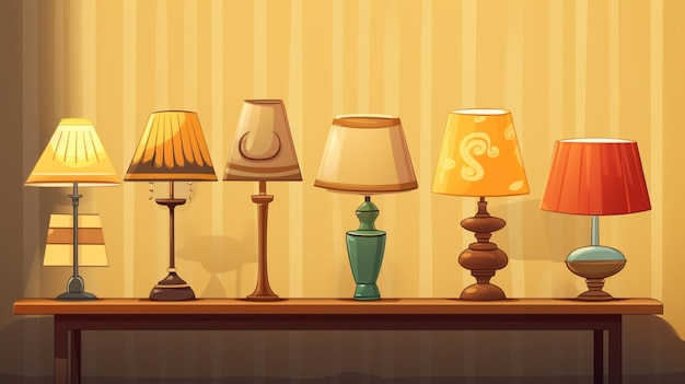 Vector a row of lamps on a shelf with a wallpaper with a gold background