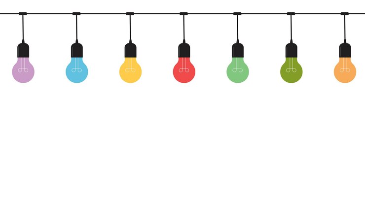 Vector a row of light bulbs hanging on a wire on a white background